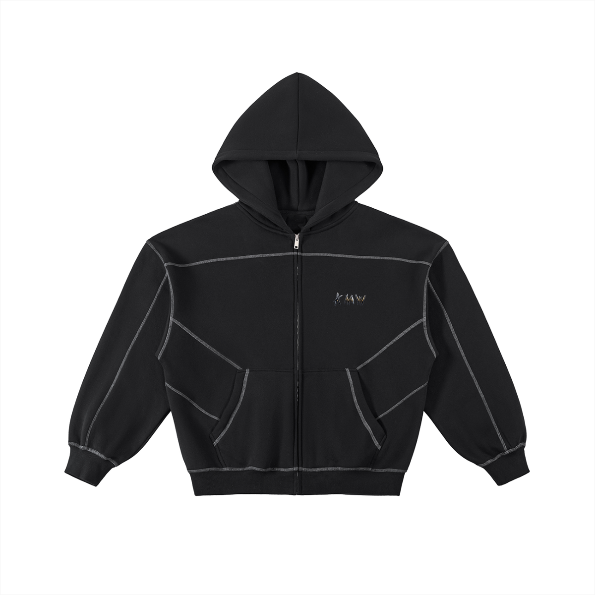 Contrast-Stitched Boxy Fleece Zip Hoodie